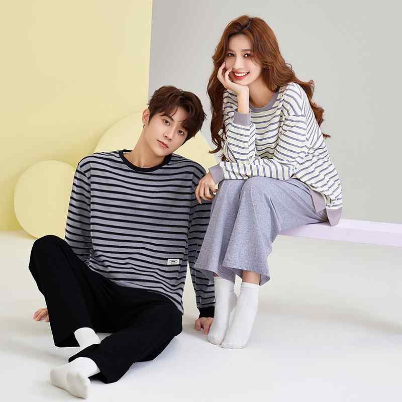 ルームウェア パジャマ カップル 男女兼用 春秋 綿 コットン 長袖 ロングパンツ クルーネック 丸首 上..