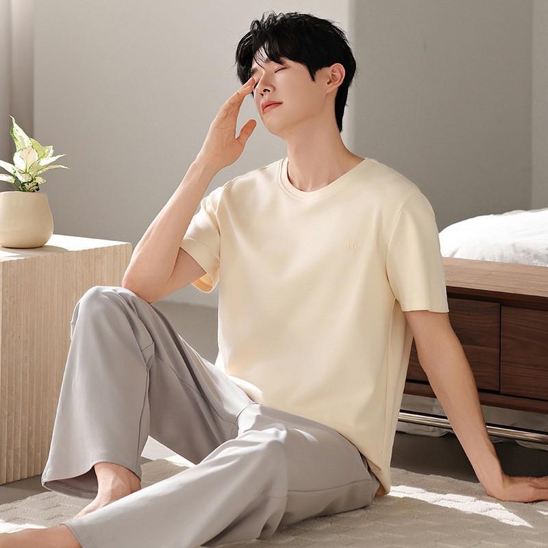 ルームウェア メンズ 男性用 半袖 ショートスリーブ 綿 コットン 長ズボン ロングパンツ 上下セット セットアップ 薄手 軽量 丸首 クルーネック 部屋着 普段使い ワンマイルウェア リラックス シンプル カジュアル 春夏