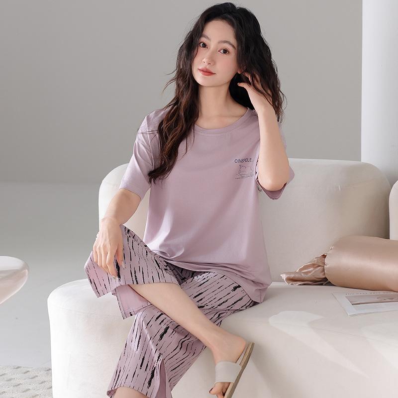 ルームウェア レディース モダール パジャマ 上下セット ラウンドネック 半袖 七分丈パンツ 薄手 ゆっ..