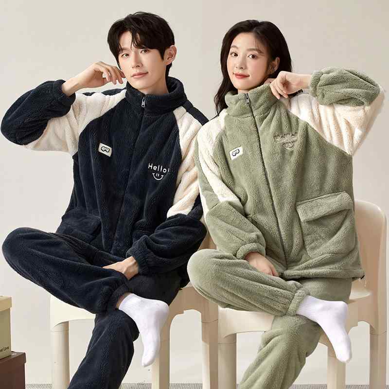 パジャマ 男女兼用 カップル 秋冬 貴妃絨 ルームウェア スタンドカラー 保温 厚手 あったか もこもこ ..