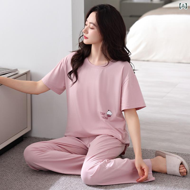 way-ugoのパジャマ レディース 女性用 モダールコットン 半袖 ロングパンツ 丸首 上下セット セットアップ ルームウェア 部屋着 ナイトウェア 薄手 接触冷感 涼しい 快適 柔らかい肌触り ゆったり 大きいサイズ 春夏｜アングル2