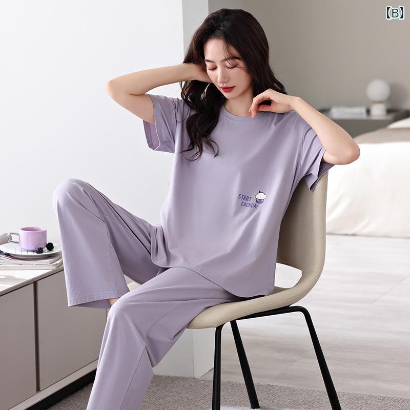 way-ugoのパジャマ レディース 女性用 モダールコットン 半袖 ロングパンツ 丸首 上下セット セットアップ ルームウェア 部屋着 ナイトウェア 薄手 接触冷感 涼しい 快適 柔らかい肌触り ゆったり 大きいサイズ 春夏｜アングル3