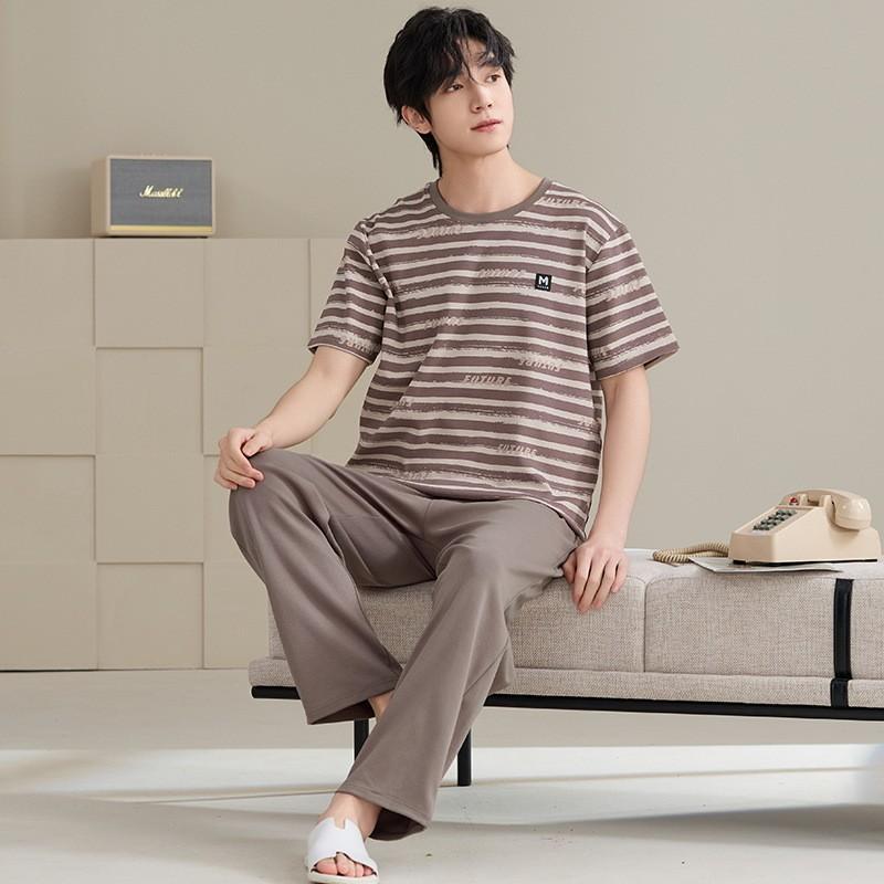 パジャマ メンズ 上下セット 綿 コットン ストライプ 半袖 ショートスリーブ 長ズボン ロングパンツ シ..