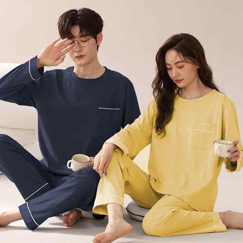 パジャマ 男女兼用 カップル ルームウェア 春夏秋 長袖 ロングパンツ 上下セット 薄手 コットン クルー..
