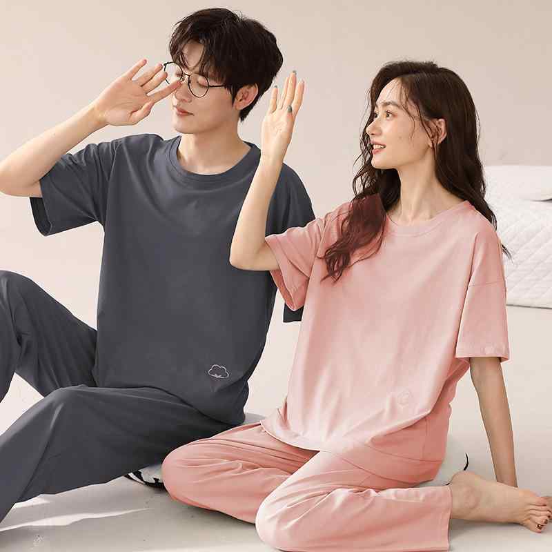 ルームウェア ペア 男女兼用 パジャマ コットン100% 半袖 ロングパンツ セットアップ ラウンドネック 薄手 快適 通気性 吸湿速乾 かわいい リラックス 部屋着 睡眠用 おうち時間 春夏 カジュアル