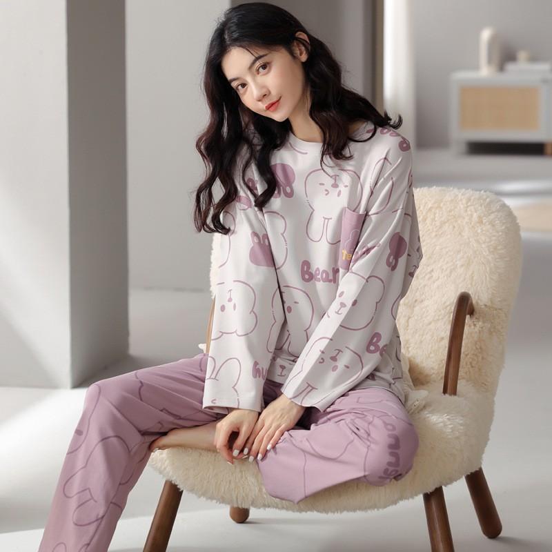 ルームウェア レディース 女性用 丸首 クルーネック 長袖 ロングパンツ 長ズボン 上下セット 綿100% コ..