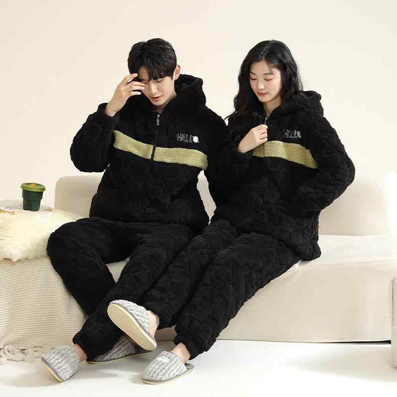 ルームウェア 男女兼用 カップル ペア パジャマ 上下セット 秋冬 フランネル 三層構造 中綿入り 極厚 ..