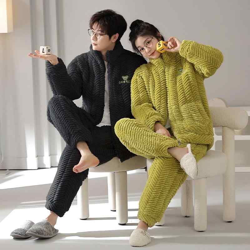 ルームウェア パジャマ 男女兼用 カップル ペア 秋冬 厚手 サンゴフリース 三層中綿入り ジッパー 長袖..