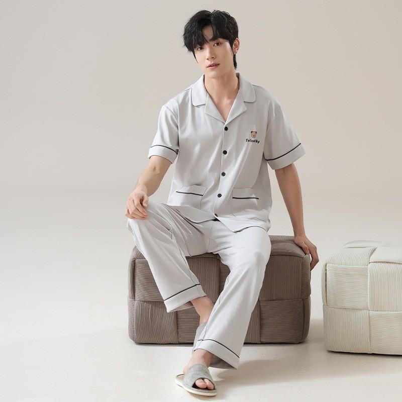 ルームウェア メンズ 春夏 コットン100% 薄手 半袖 長ズボン カジュアル 部屋着 パジャマ 快適 肌触り 高級感 上下セット ワンマイルウェア