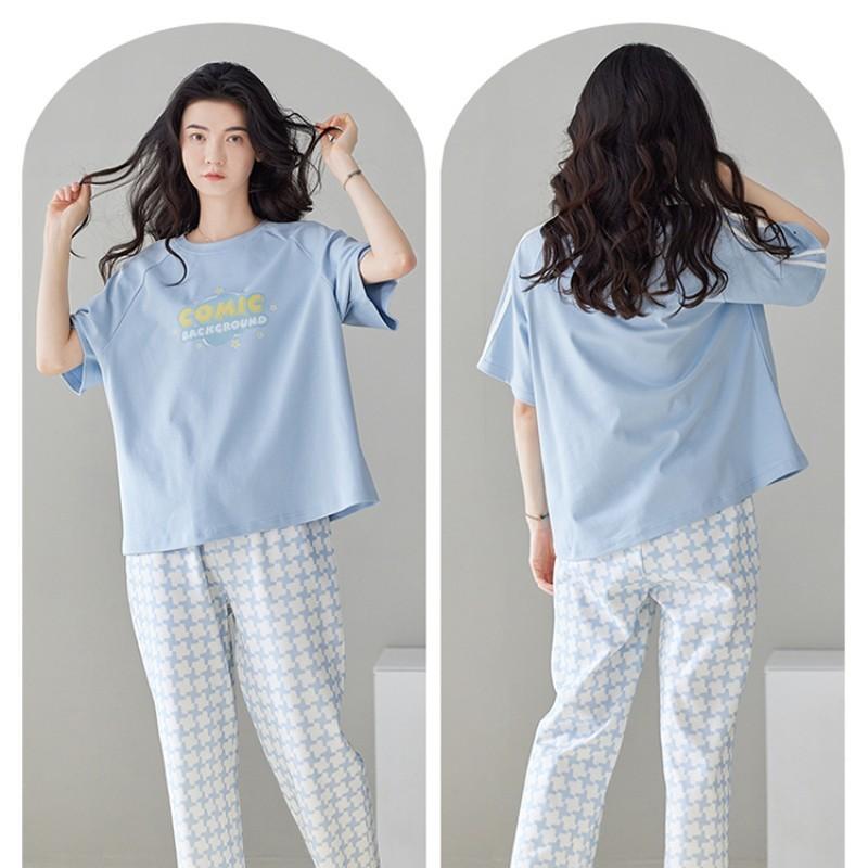 パジャマ レディース ルームウェア 半袖 長ズボン ロングパンツ 上下セット 綿 コットン 薄手 シンプル..