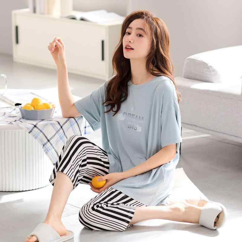 パジャマ レディース モダール 半袖 七分丈 クロップドパンツ ゆったり 大きいサイズ ラウンドネック ..