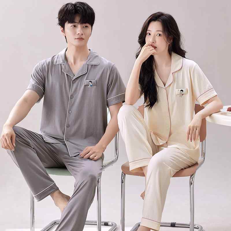 ルームウェア パジャマ カップル メンズ レディース 高級感 半袖 長ズボン モダール 薄手 ポロ襟 カジ..