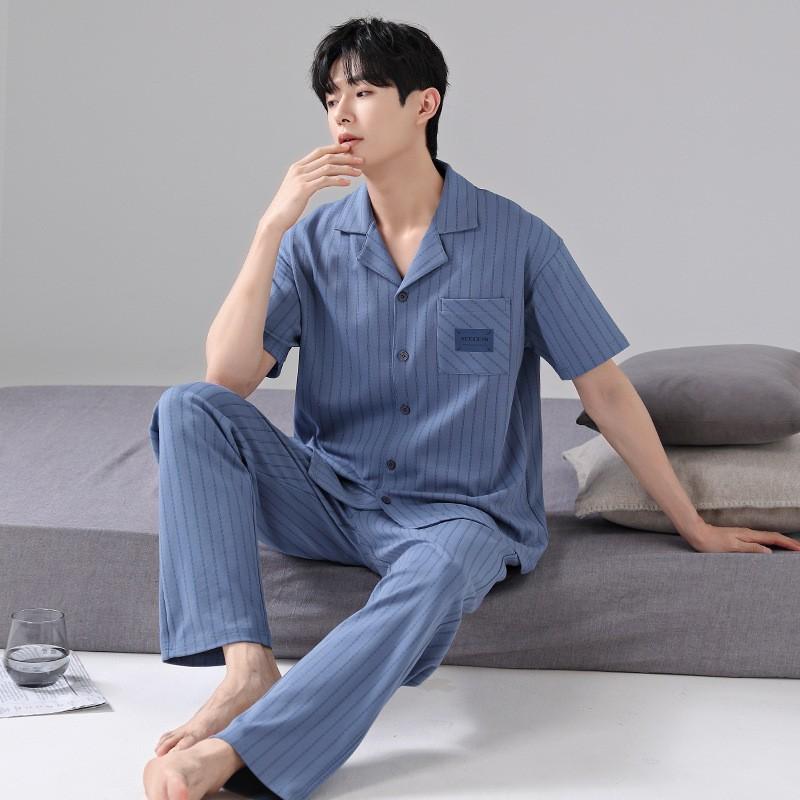 パジャマ メンズ 男性用 春夏 半袖 コットン 綿100% 前開き 開襟 上下セット 長ズボン 薄手 快適 ルー..