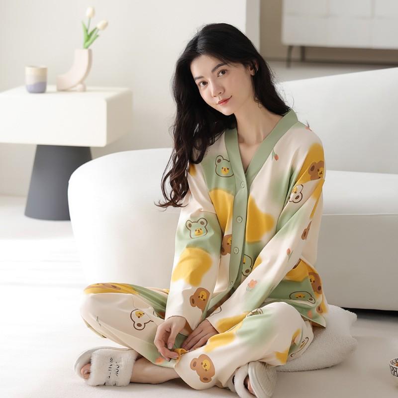 パジャマ レディース 綿100% 春夏秋 長袖 長ズボン Vネック 薄手 大きいサイズ 高級感 豪華 ルームウェ..