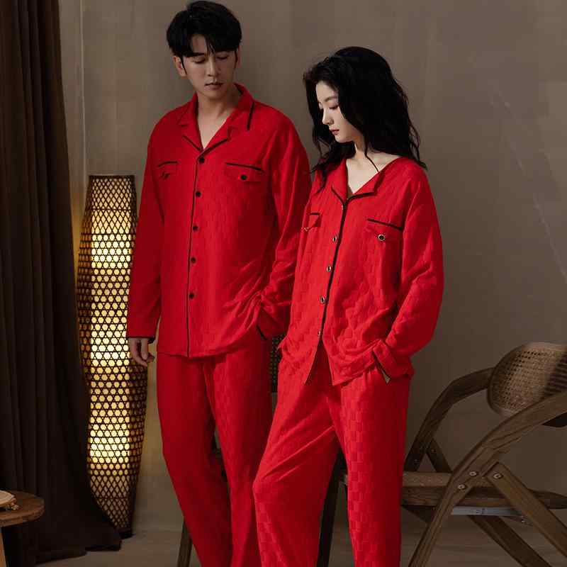 パジャマ ペア 結婚祝い 新婚 ギフトセット ルームウェア 赤色 純綿 ジャカード織 ストレッチ素材 開襟..