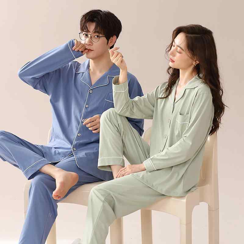 ルームウェア レディース メンズ カップル ペア パジャマ 前開き 長袖 ロングパンツ 上下セット 綿 コ..