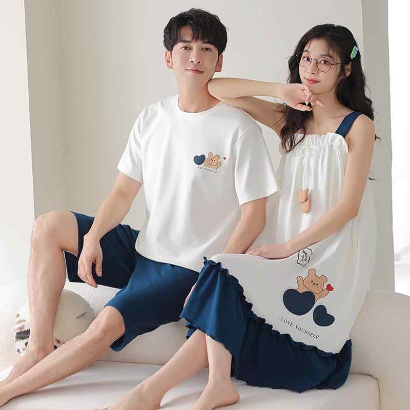 ルームウェア ペア 春夏 パジャマ 半袖 プルオーバー ルームワンピース セットアップ 綿100% ゆったり クルーネック 部屋着 薄手 吸湿速乾 伸縮性 接触冷感 快適 カジュアル 普段使い 男女兼用