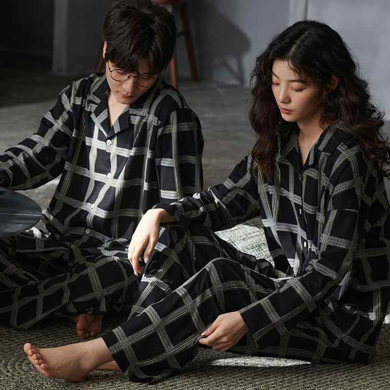 パジャマ カップル 男女兼用 春秋 シンプル カジュアル 韓国風 襟付き 長袖 ゆったり ストレッチコットン 綿混 ルームウェア 上下セット