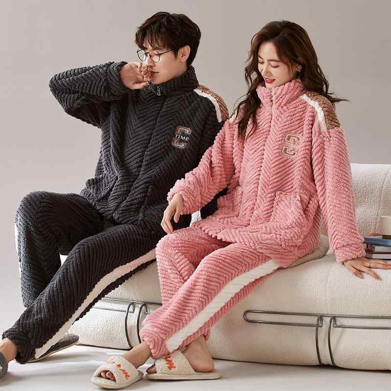 パジャマ カップル ペア メンズ 男性用 レディース 女性用 秋冬 サンゴフリース ポリエステル 裏起毛 厚手 保温 防寒 スタンドカラー 長袖 ロングパンツ スポーツ カジュアル ルームウェア 部屋着 外出着 上下セット