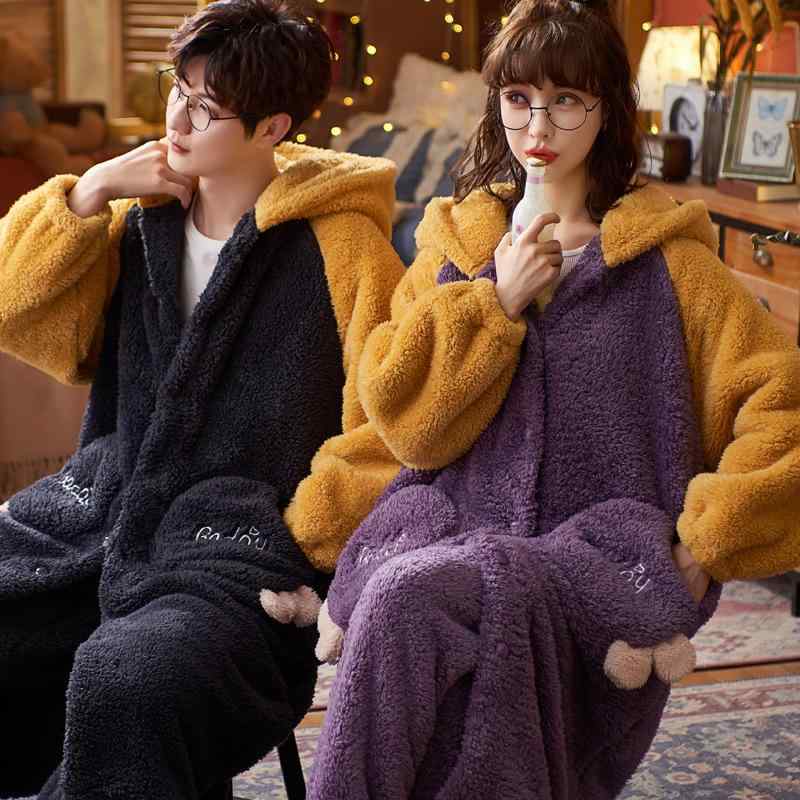 ルームウェア ワンマイルウェア カップル ペア メンズ レディース 男性用 女性用 パジャマ 寝間着 ガウン サンゴフリース 裏起毛 厚手 長袖 ロング丈 上下セット セットアップ 部屋着 普段使い 暖かい 高級感 春秋冬