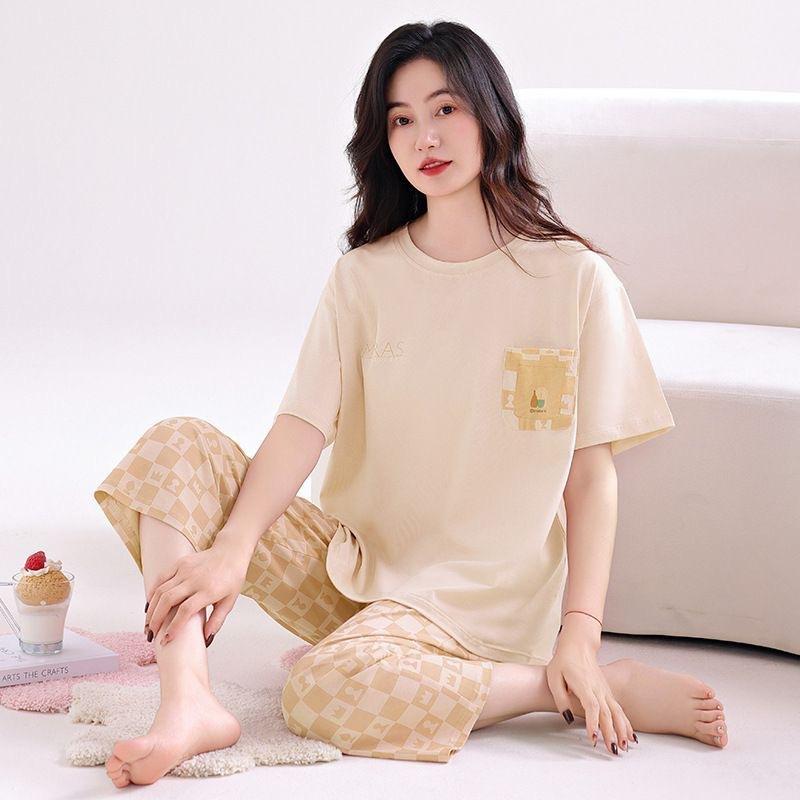 ルームウェア レディース ゆったり コットン 綿100% 天然素材 半袖 クルーネック 七分丈パンツ クロップド パジャマ 寝巻き セットアップ カップ付き 薄手 涼しい 夏物 部屋着 リラックス おうち時間 ワンマイルウェア カジュアル 快適