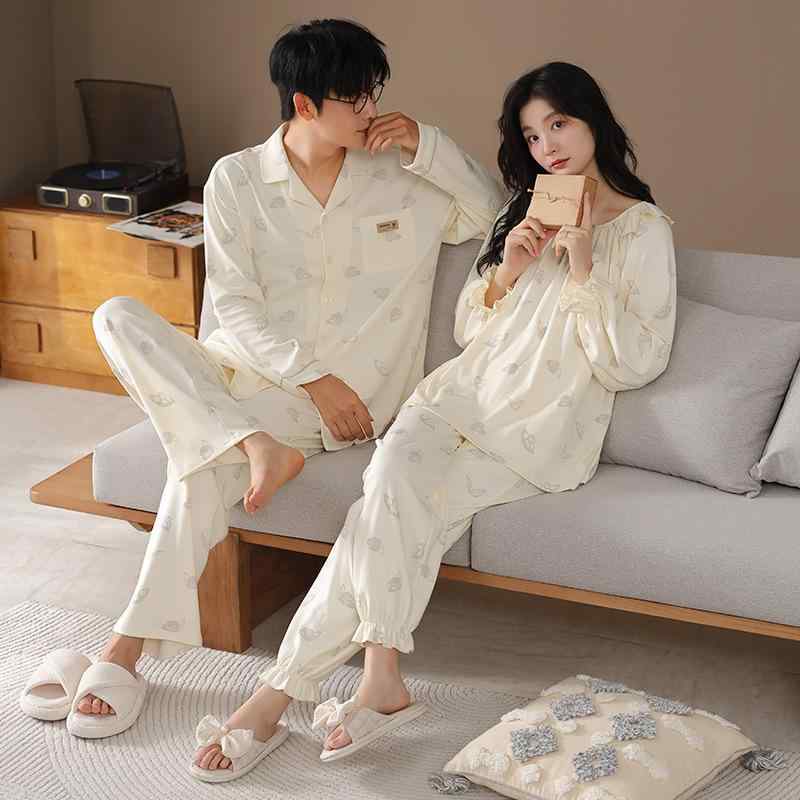 ルームウェア パジャマ カップル ペア 男性用 女性用 春秋 長袖 アクリル コットン混紡 襟付き 上下セ..