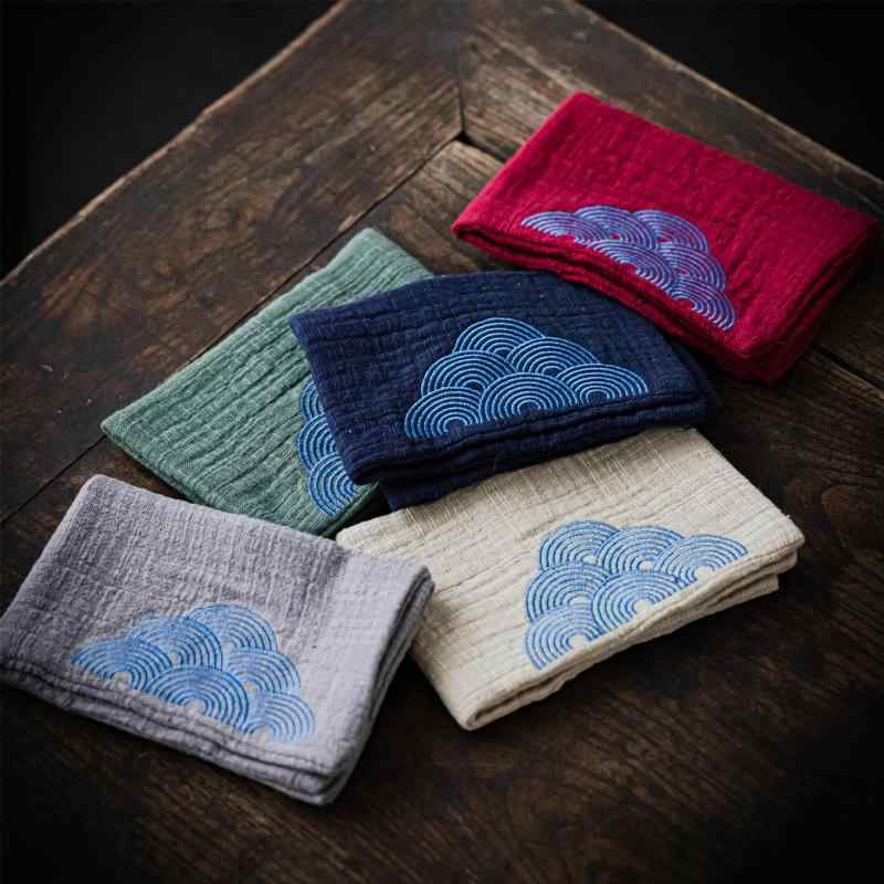 茶巾 刺繍入り コットンリネン 綿麻 厚手 優れた吸水性 速乾 和風モダン 禅スタイル 茶道 お茶席 食器拭き 台拭き タオル 豊富なカラー 日常使い 来客用