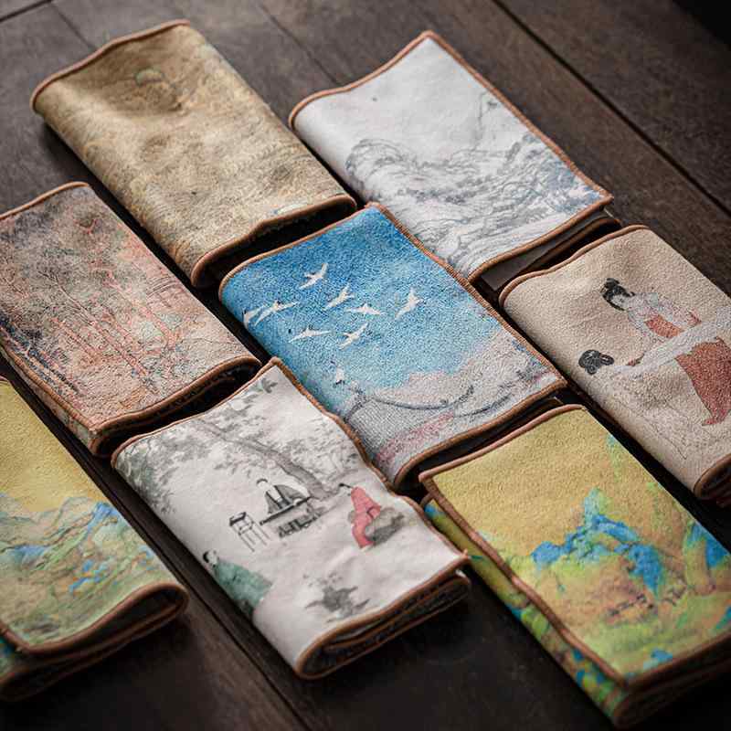 茶巾 レトロ 中華風 中国名画柄 厚手 強力吸水 速乾 洗える ふきん ティーマット コースター 断熱シート テーブルクロス 高級感 茶道 おもてなし ティータイム