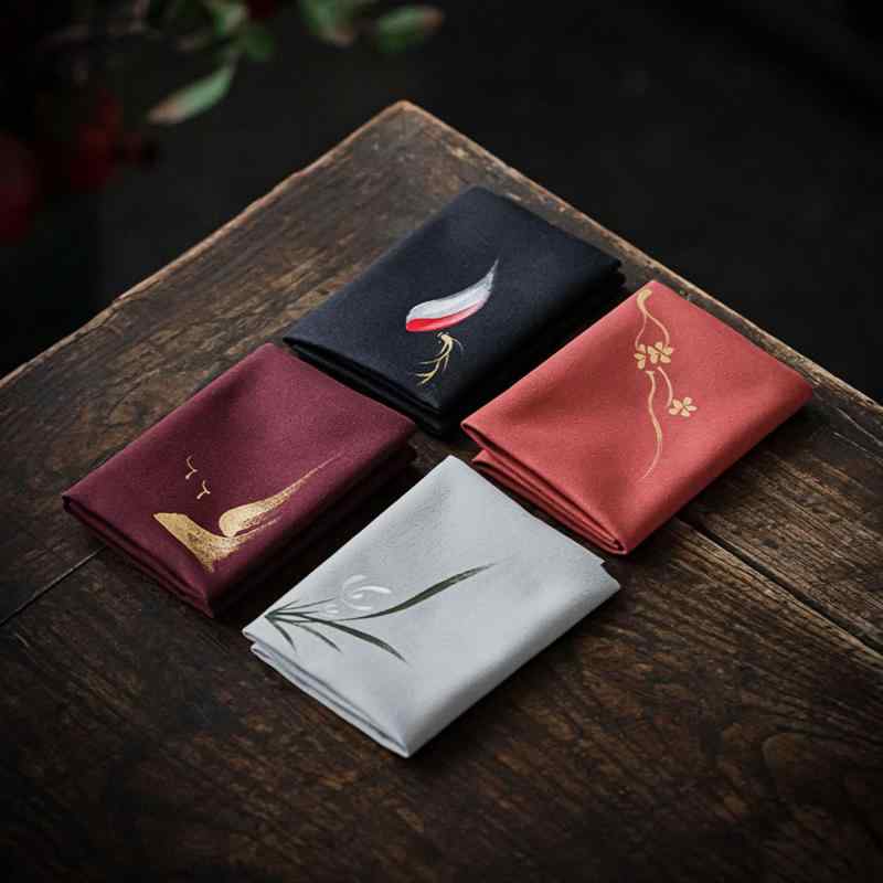 茶巾 両面フリース 超極細マイクロファイバー 刺繍 手描きハンドペイント 速乾 スピード乾燥 高吸水性 吸水力 ティーマット 茶道具 お手入れ クロス 中華風 和モダン 30x30cm(x2)