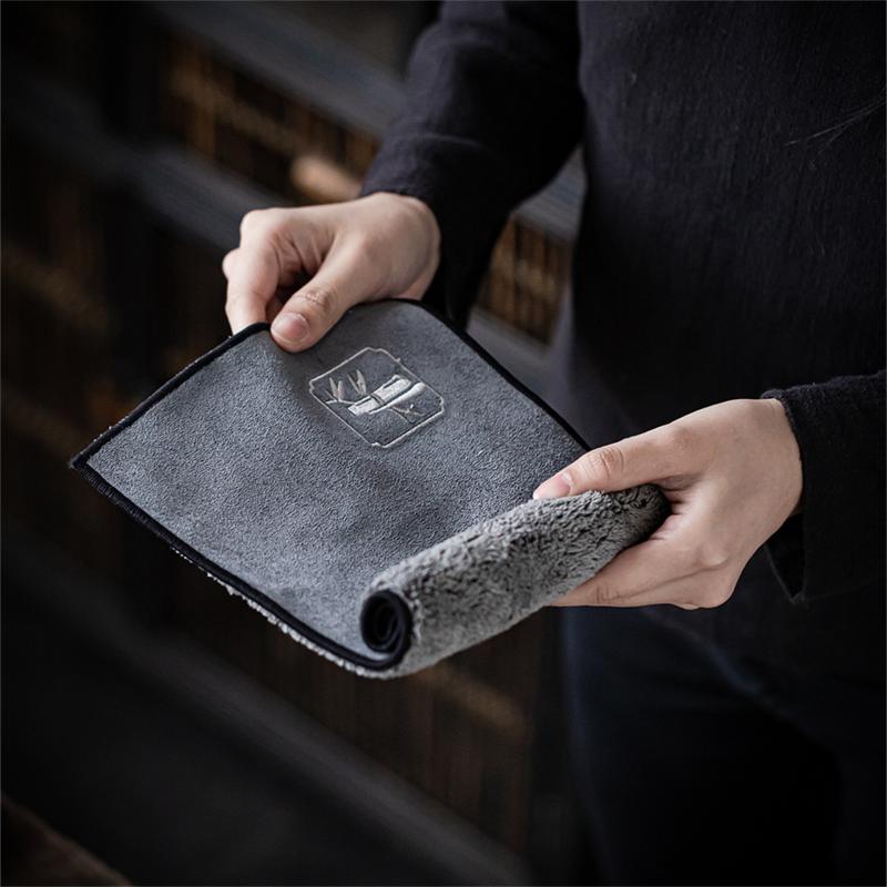 茶巾 刺繍 綿麻 厚手 吸水速乾 和風 禅 茶道具 中国茶器 茶席 ライトグレー ダークグレー 竹柄 太湖石..