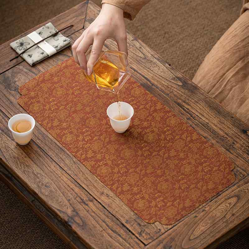 茶道具 唐草蓮模様 手描き 織物 布製 禅スタイル 和モダン 上品 おしゃれ 吸水 速乾 防水 茶席 ティーマット 乾泡用 おもてなし 来客用 茶巾 コースター