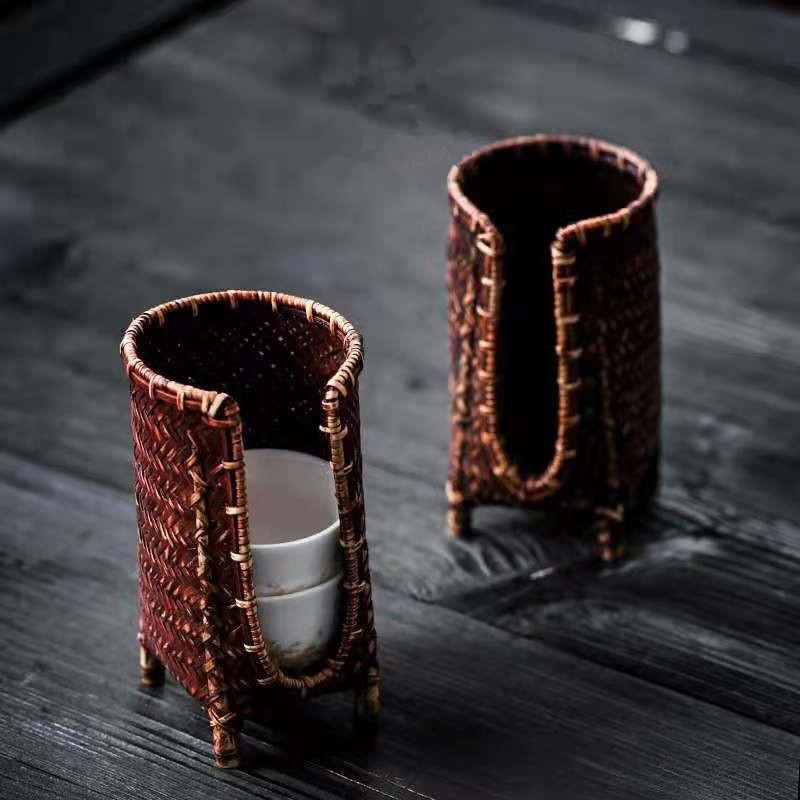 茶道具 竹製 バンブー 手編み 手作り カップラック 茶器収納 卓上整理 和風 日式 禅スタイル 和モダン ..