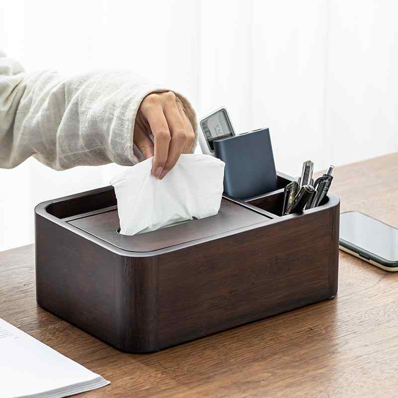 ティッシュケース 竹製 ウォールナットカラー アジアンテイスト モダン 高級感 リビング オフィス デスク 卓上 収納ボックス 整理ケース 多機能