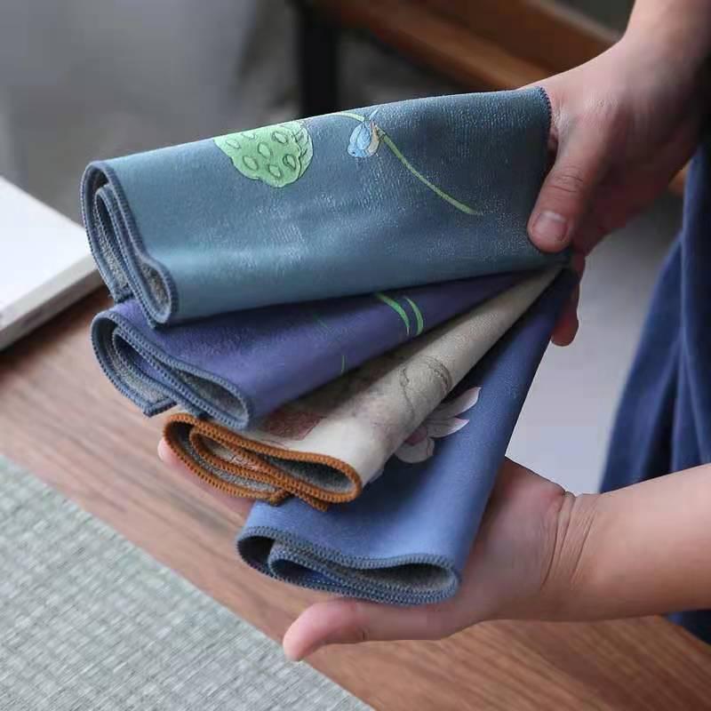 茶巾 手描き 絵付け 中国風 チャイニーズスタイル 禅風 禅テイスト 吸水性 速乾 フリース ベルベット生地 茶席マット ティーテーブルクロス 茶器 茶道小物