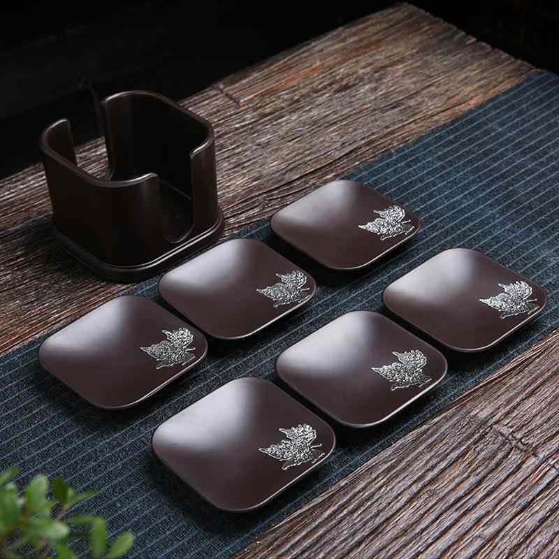 コースター 和風 家庭用 功夫茶道 茶托 ベークライト 黒檀木 円形 正方形 錫象嵌 蓮 楓 デザイン 耐熱 断熱 茶器用 カップマット ブラック系 セット