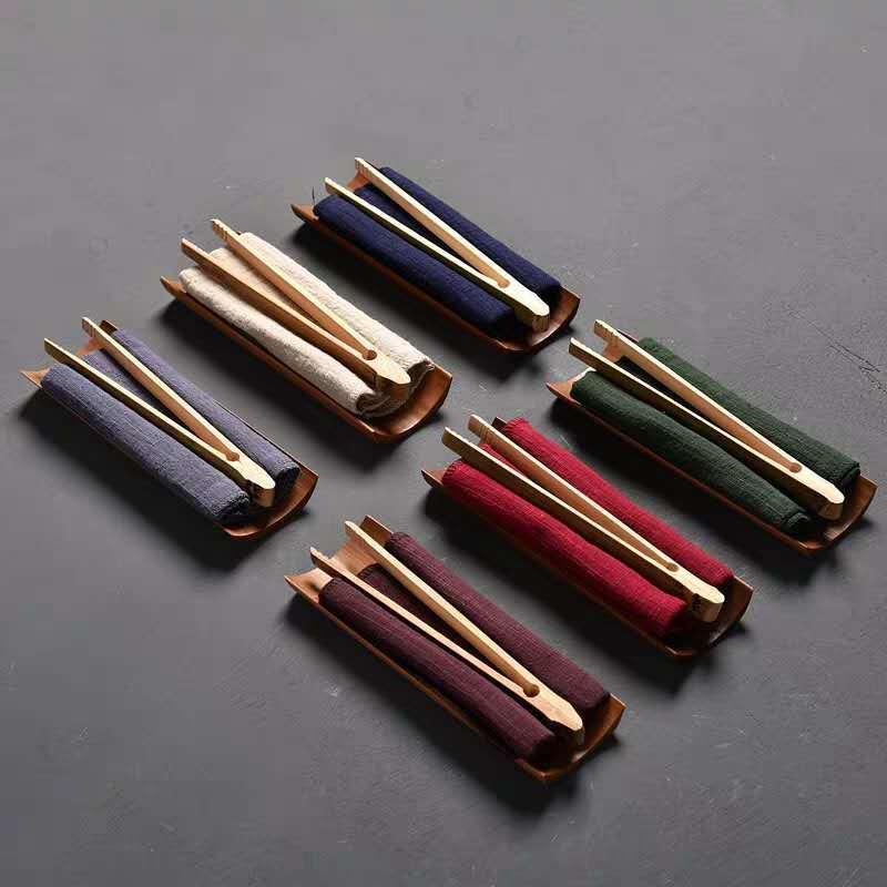 茶巾 綿麻布製 厚手 二重構造 吸水性 速乾性 茶則 茶挟 茶托 3点セット 茶器 お点前セット 和風 新中式 茶道用具 来客用 おもてなし 多色展開