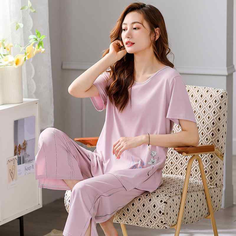 パジャマ レディース 女性用 シンプル 高級感 モダール 半袖 ショートスリーブ 七分丈パンツ クロップ..