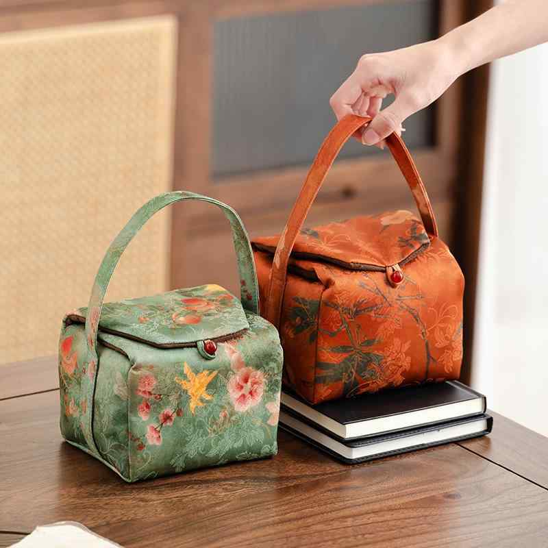 茶器収納ケース 宋錦織り 新中華風 携帯用 ポータブル 厚手 キルティング 手提げ スクエア型 旅行 茶道用品