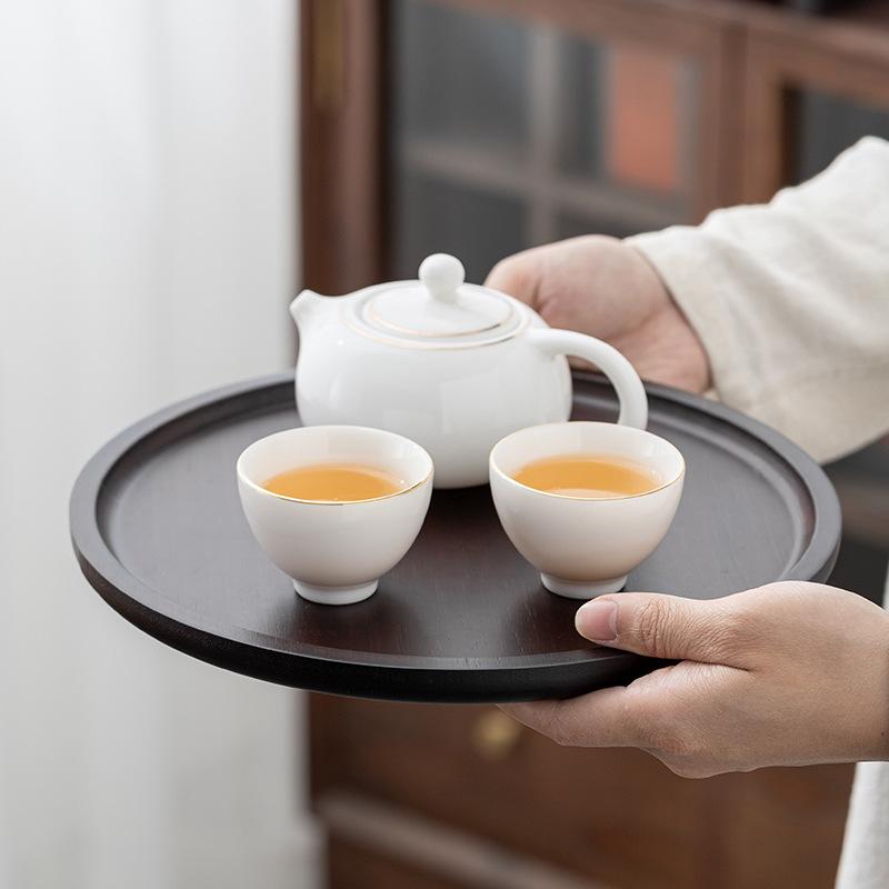 茶盤 レトロ ウォールナット材 丸型 円形 茶器トレイ 排水不要 水切り 家庭用 リビング おもてなし 収..