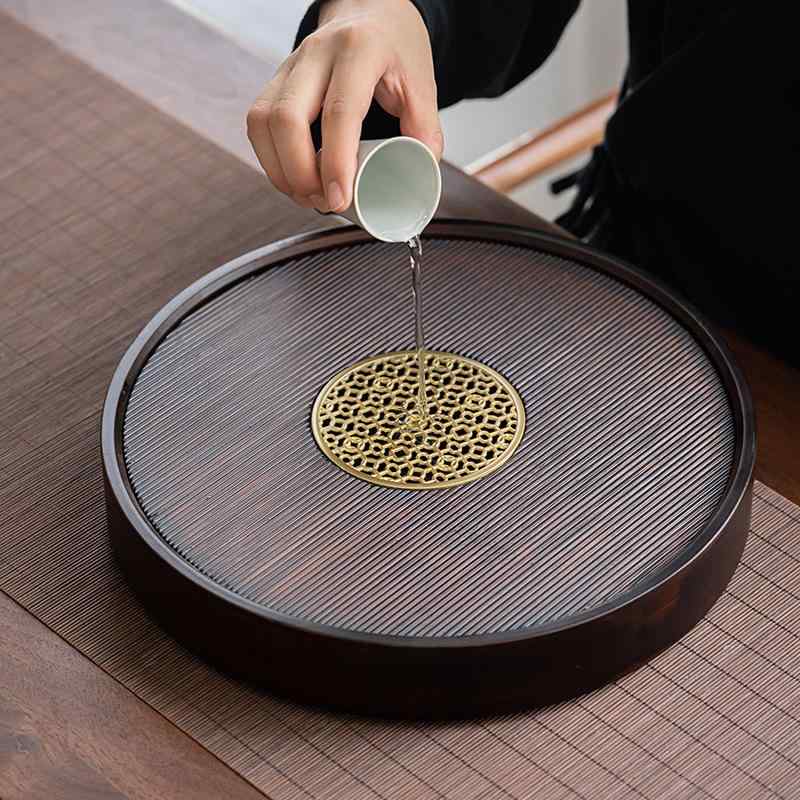 茶盤 竹製 ウォールナットカラー 円形 丸型 家庭用 自宅用 シンプル 功夫茶器 貯水式 乾泡式 水受け付..