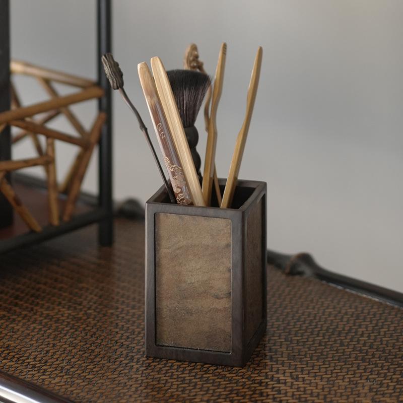 茶筒 黒檀 木材 岩石風 スクエア 収納 多機能 茶入れ 筆筒 筆立て デスクトップ 机上 書道 オブジェ 茶..