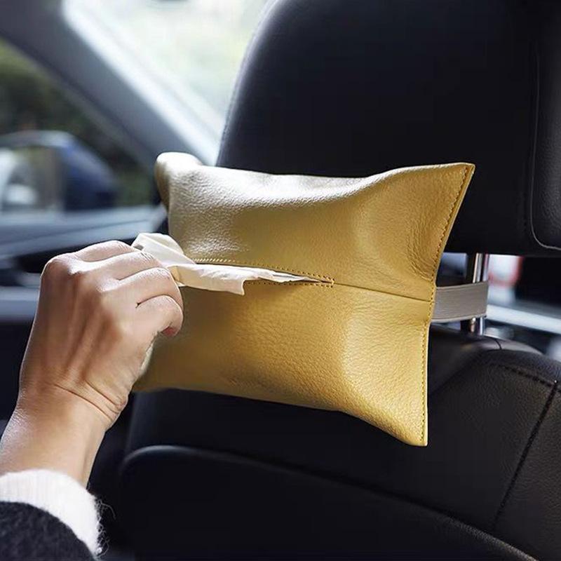 ティッシュケース 車載用 吊り下げ式 高級感 レザー おしゃれ シンプル 箱ティッシュ対応 リビング トイレ 洗面所 オフィス 収納 ストラップ付き 防水 多機能 多用途 モカ ピンク