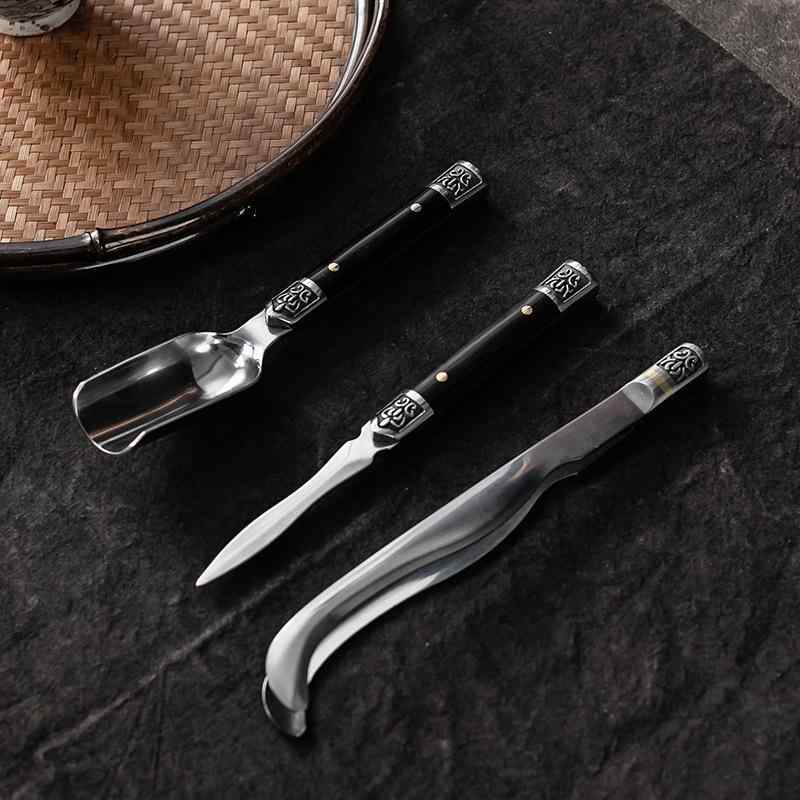 茶道具 ダマスカス鋼 プーアル茶 茶針 ステンレス製 茶匙 茶さじ 真鍮アクセント 黒檀 花梨 木製ハンド..