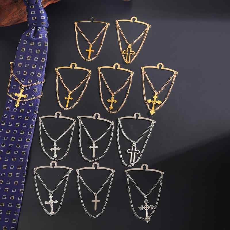 ネクタイピン ユニセックス ダブルチェーン クロスデザイン ゴールド シルバー 銅製 フォーマル ビジネ..