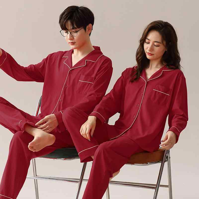 パジャマ カップル ペア 新婚 結婚祝い ルームウェア 寝間着 開襟シャツ 長袖 ロングパンツ 上下セット セットアップ 抗菌 綿 コットン レッド 赤 高級感 快適 通気性 秋冬