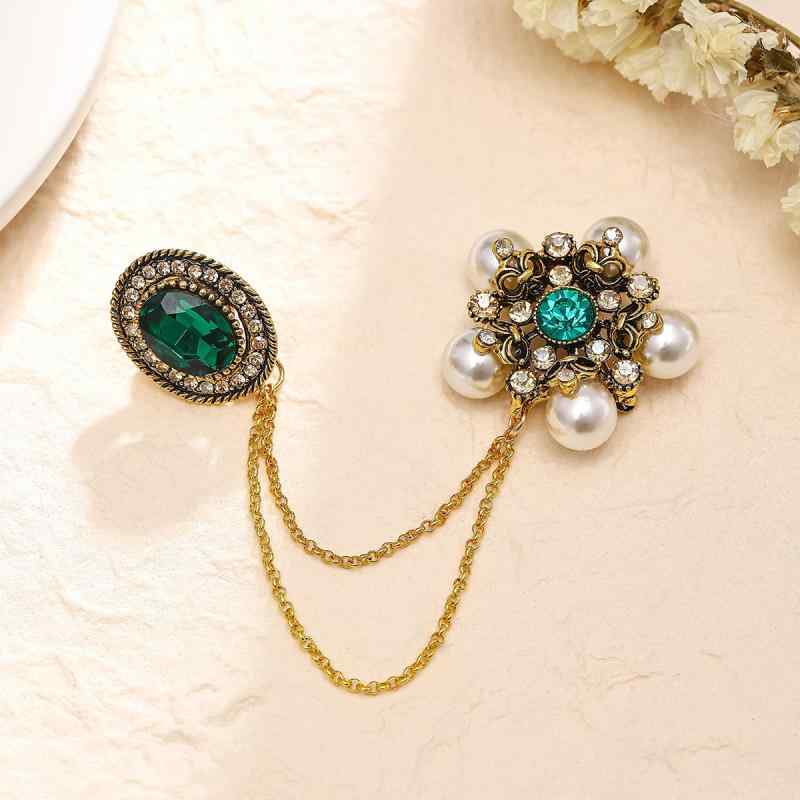 ブローチ メンズ 男性用 ブリティッシュ 英国風 クリスタルストーン ジルコニア パール パール チェー..