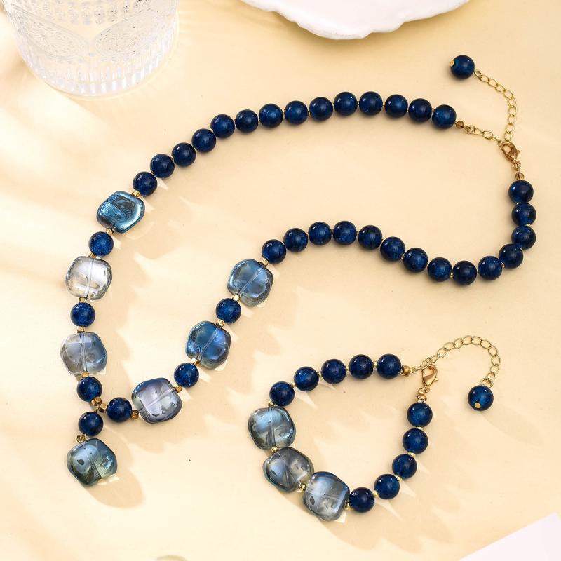 アクセサリー レディース ブルー グラデーション 琉璃 ガラス ビーズ ロングネックレス ブレスレット セット 高級感 上品 繊細 ライトラグジュアリー 普段使い パーティー(x2)