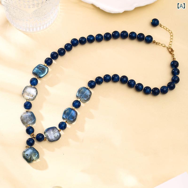 way-ugoのアクセサリー レディース ブルー グラデーション 琉璃 ガラス ビーズ ロングネックレス ブレスレット セット 高級感 上品 繊細 ライトラグジュアリー 普段使い パーティー(x2)｜アングル2