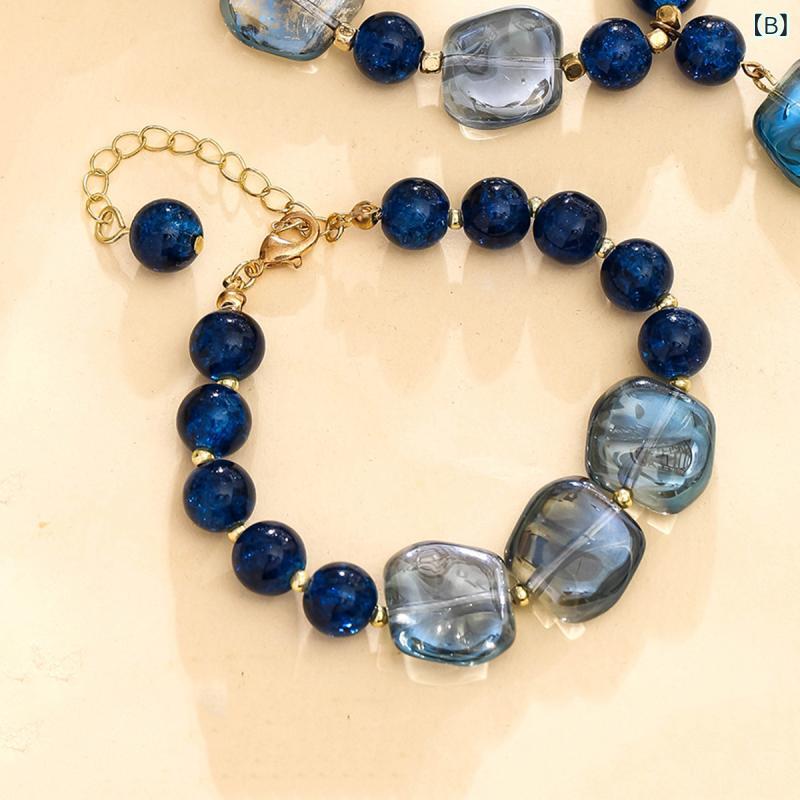 way-ugoのアクセサリー レディース ブルー グラデーション 琉璃 ガラス ビーズ ロングネックレス ブレスレット セット 高級感 上品 繊細 ライトラグジュアリー 普段使い パーティー(x2)｜アングル3