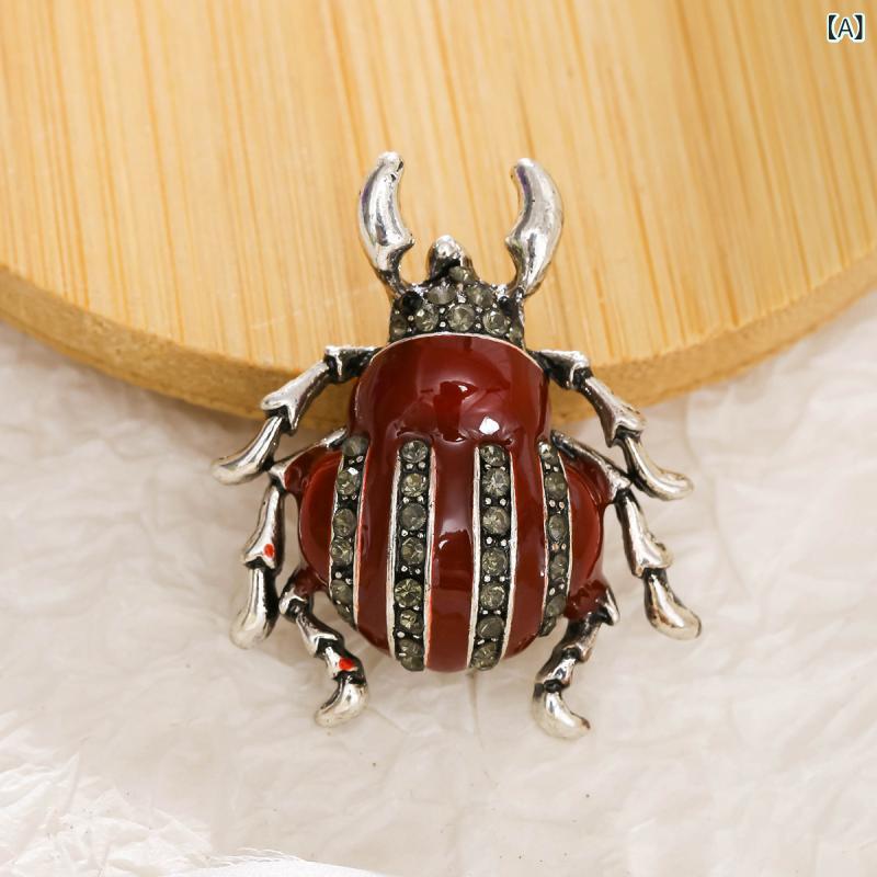 ブローチ ユニセックス 男女兼用 合金製 レッド 個性的 ユニーク エナメル 甲虫 カブトムシ 昆虫モチーフ ラインストーン 韓国風 かわいい おしゃれ ライトラグジュアリー ニッチ コサージュ ピン アクセサリー 小物の商品画像 2